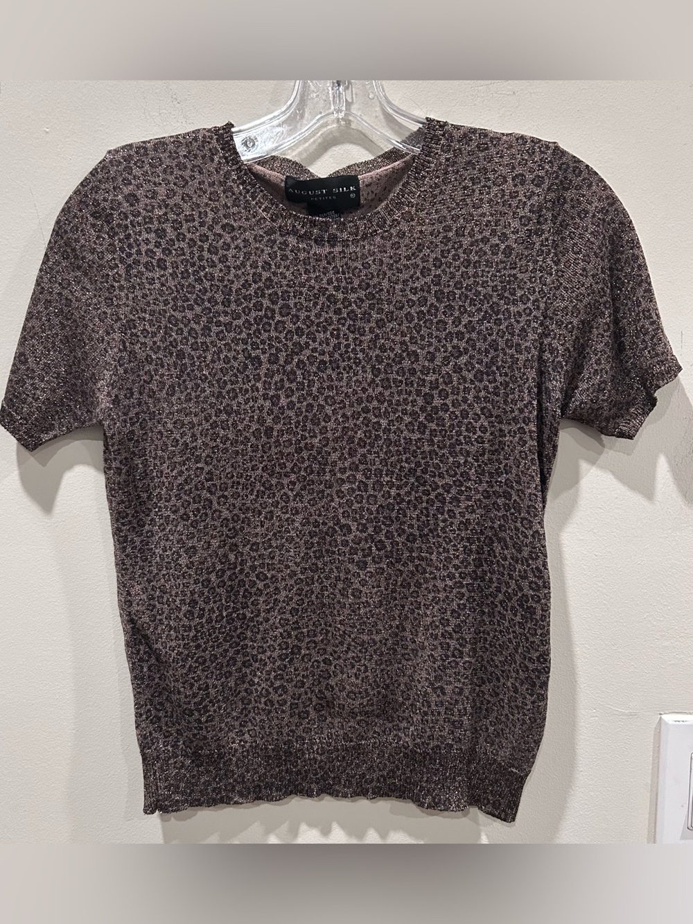 August Silk Short-Sleeve metallic Brown Leopard-Print top Size Small
